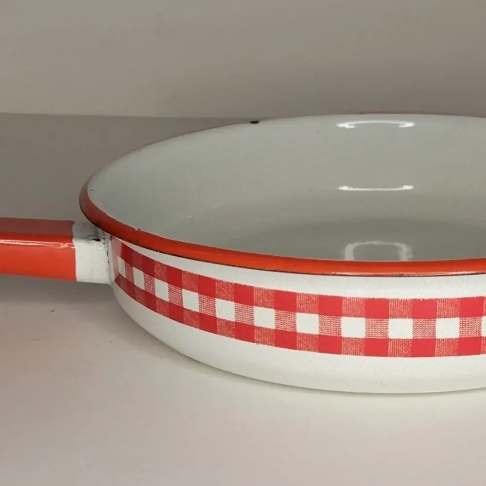 Vintage Red & white Checkered Enamelware Metal Skillet - Picture 1 of 12